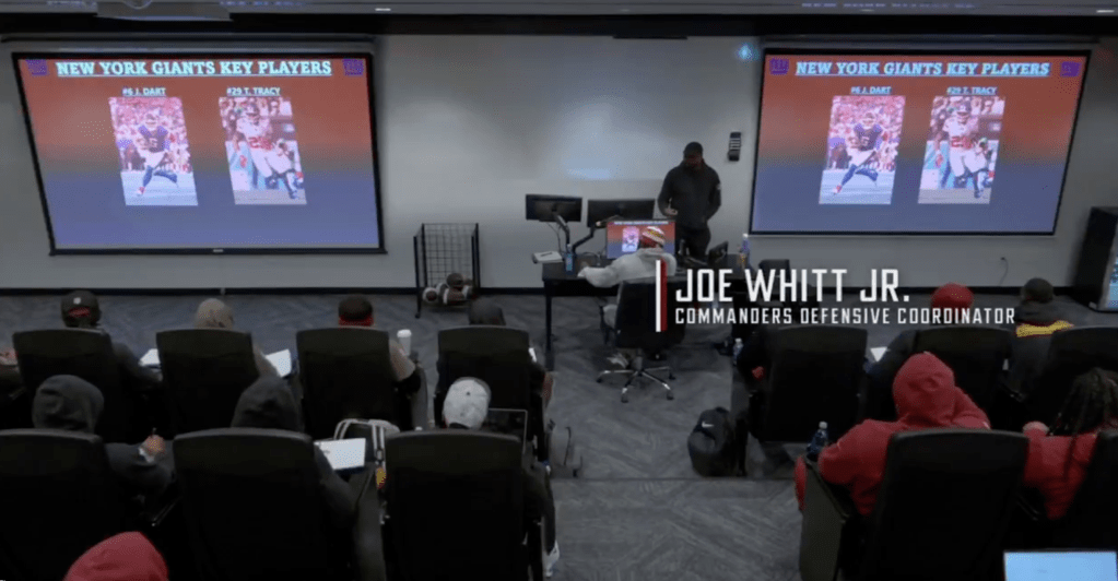 Joe Whitt Jr., Commanders Defensive Coordinator, leading a meeting about New York Giants key players with projected images of #6 J. Dart and #29 T. Tracy.